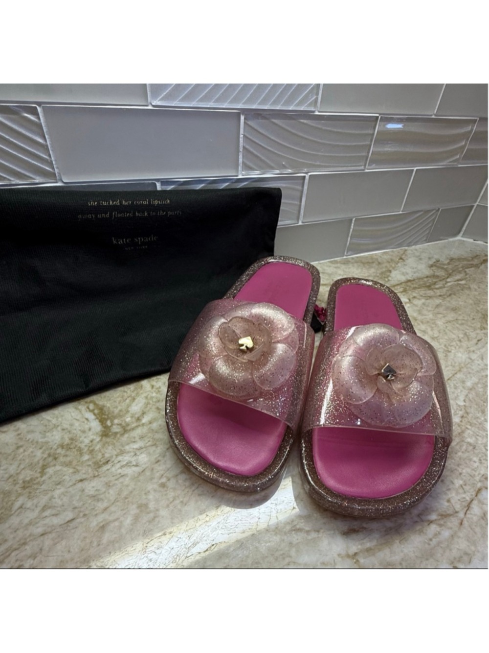 Kate Spade Pink Gold Glitter Flower Slide Sandals Size 8, jelly dust bag